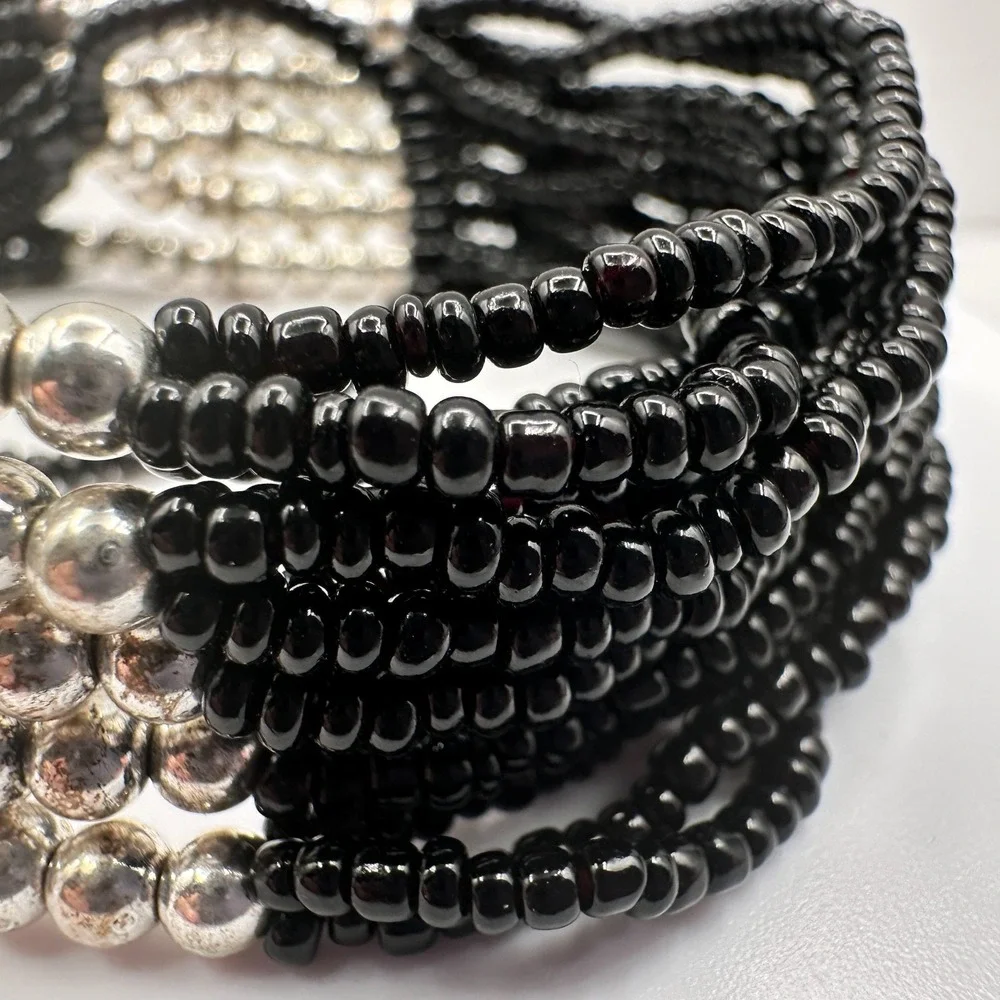 Vintage Y2K Black Beaded Multi-Strand Bracelet Silver‎ Tone Statement Jewelry